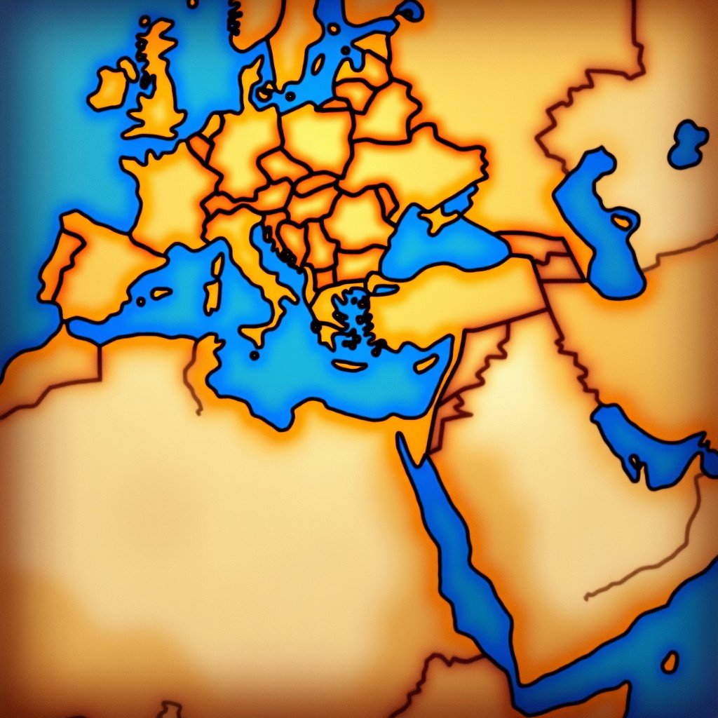 A stylized ancient map of the Mediterranean region showing a dominant Persian Empire in the east and a rising Roman Republic in the west, vintage parchment texture, artistic rendering, 4:3