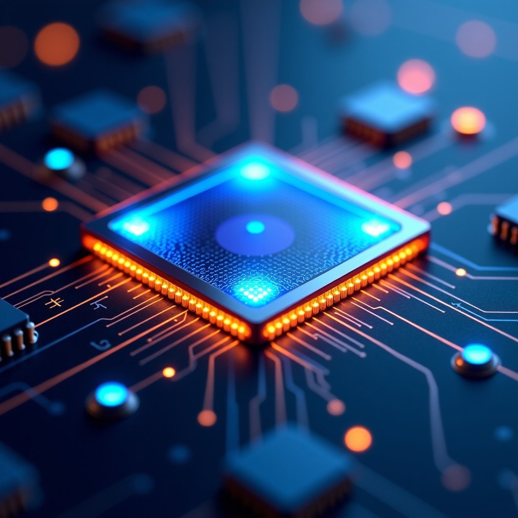 Close up of a highly advanced AI semiconductor chip with glowing blue and gold circuits, technological aesthetic, 4:3