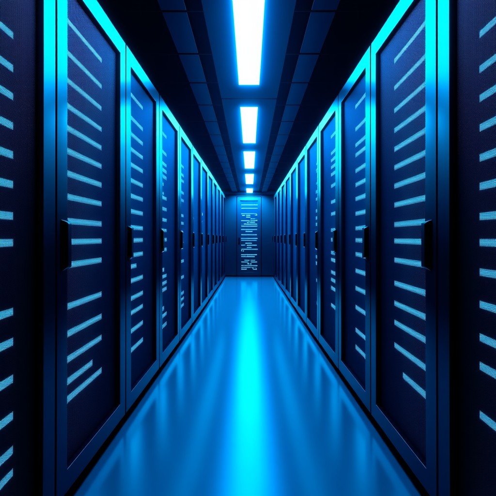A high-tech data center interior with rows of glowing server racks and blue cooling lights creating a sense of immense computing power. 4:3