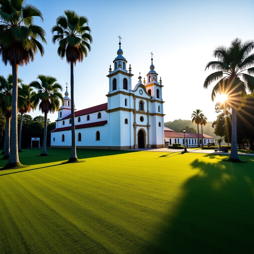 An expansive landscape view of the white Portuguese-style churches in Old Goa, India, surrounded by lush tropical palm trees and green lawns under a bright morning sun. The architecture features distinctive Baroque and Manueline styles. 4:3