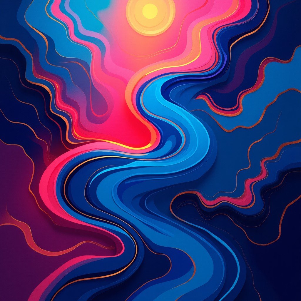 A vibrant and abstract digital art piece representing a music album cover. It uses fluid shapes and a mix of electric blue, neon pink, and gold colors to convey a sense of rhythm and energy. The composition is centered and visually rich, filling the frame. No text. 4:3