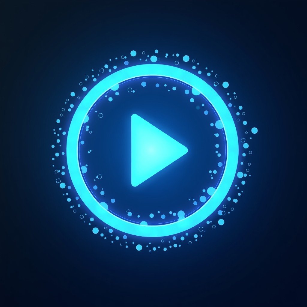 A conceptual illustration of digital data streams forming a video play icon. High-tech and clean aesthetic with vibrant blue and silver colors. 4:3