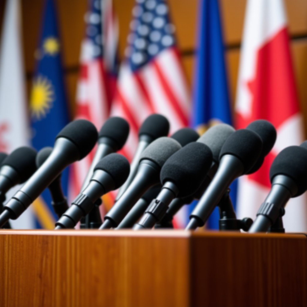 A close up of several microphones on a wooden podium in a press conference room, blurry flags in the background, sharp focus, bright studio lighting, 4:3