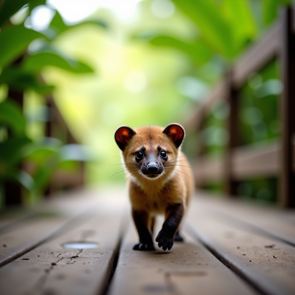 A close-up shot of a cute South American Coati walking on a wooden walkway in Iguaçu National Park, blurred background of lush tropical foliage, natural sunlight filtering through leaves, 1:1