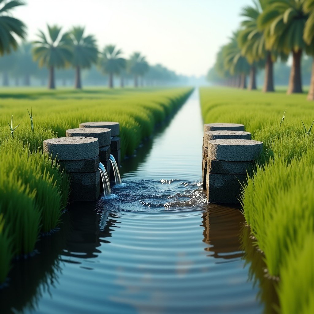 A realistic close-up of a small traditional water gate and a canal system within a natural marshland used for water management in Keoladeo National Park. 4:3
