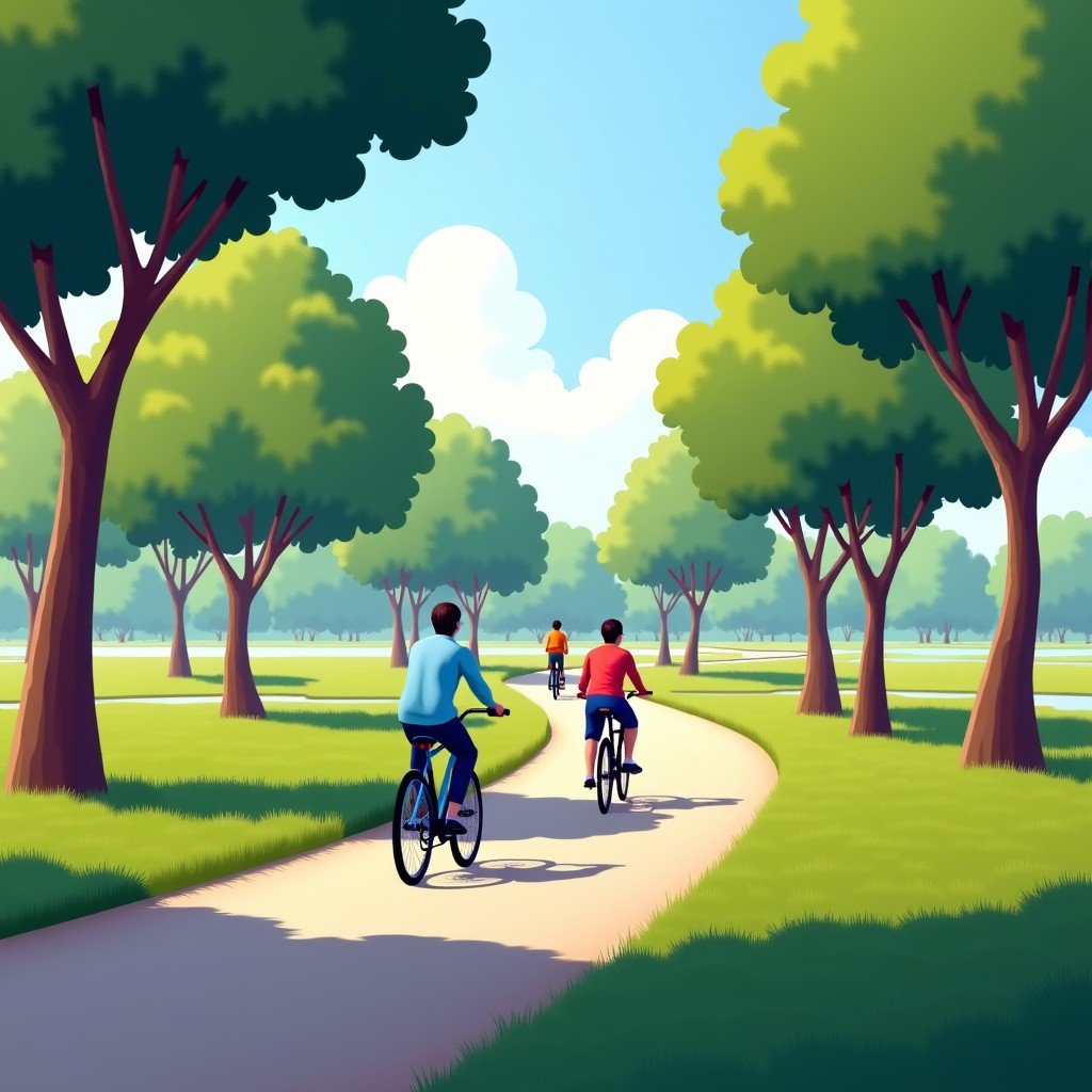 A peaceful scene of visitors riding bicycles along a paved path surrounded by trees and marshes in an Indian national park during a clear day. 4:3