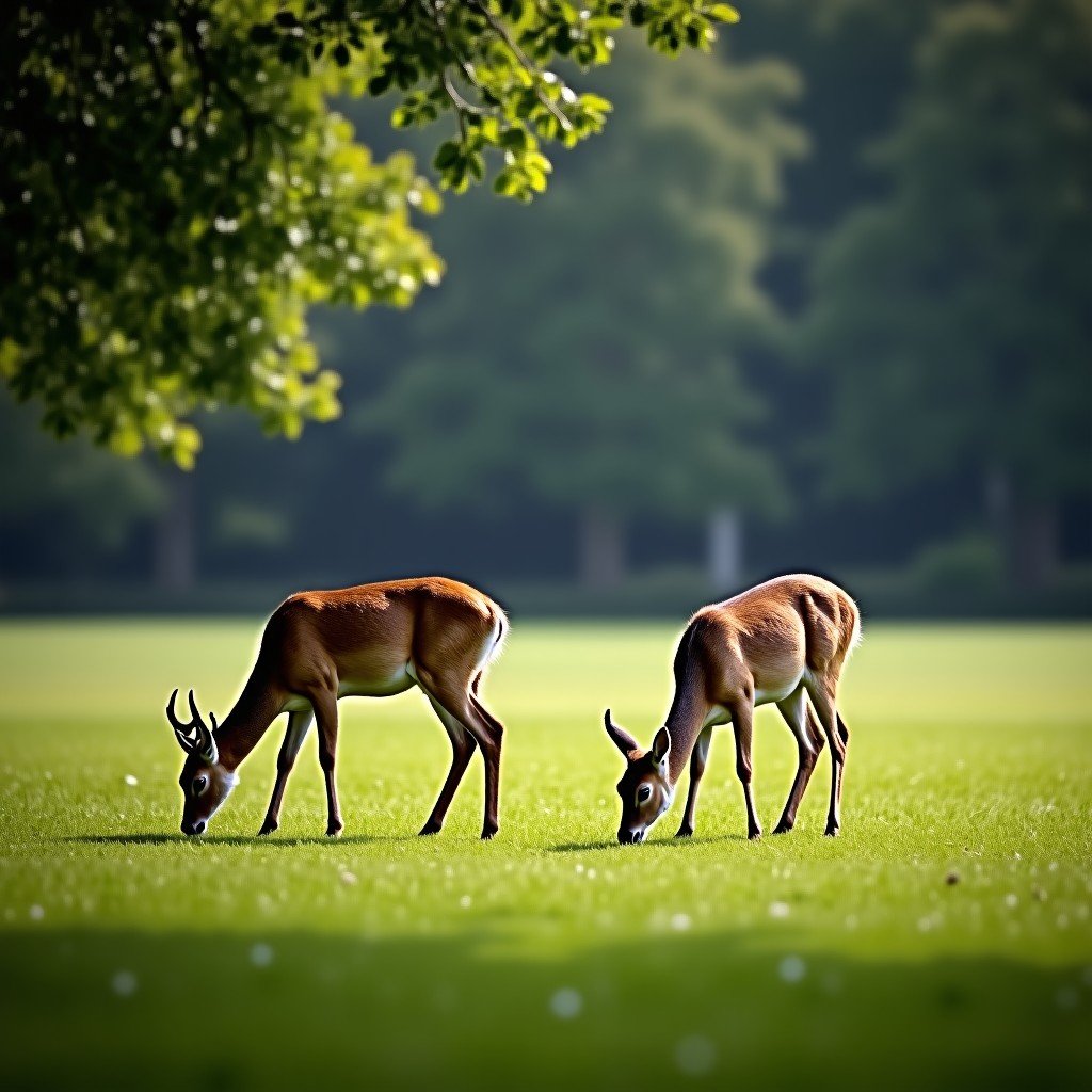Wild deer grazing in the vast green parkland of Studley Royal near Fountains Abbey, ancient trees in the background, tranquil atmosphere, soft natural lighting, 4:3