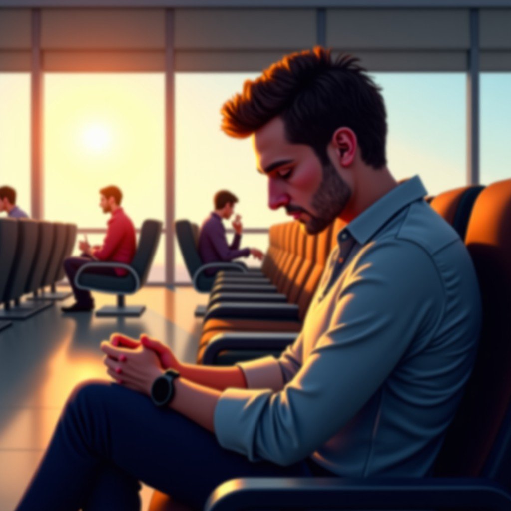 A realistic photo of a traveler sitting in an airport lounge looking worriedly at their wristwatch. Warm indoor lighting, 4:3
