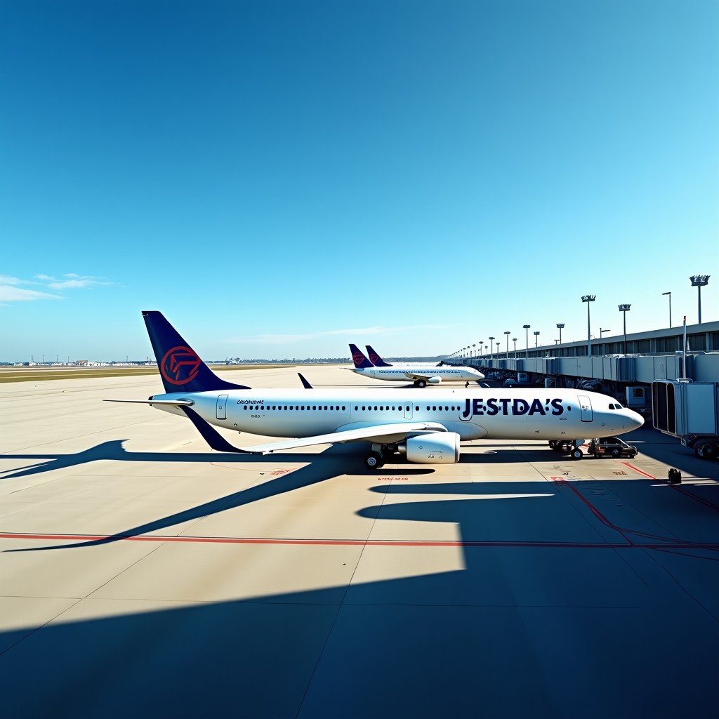 Multiple modern commercial airplanes parked at airport boarding gates under a clear blue sky, wide angle view of airport operations, realistic photography, 4:3 aspect ratio.