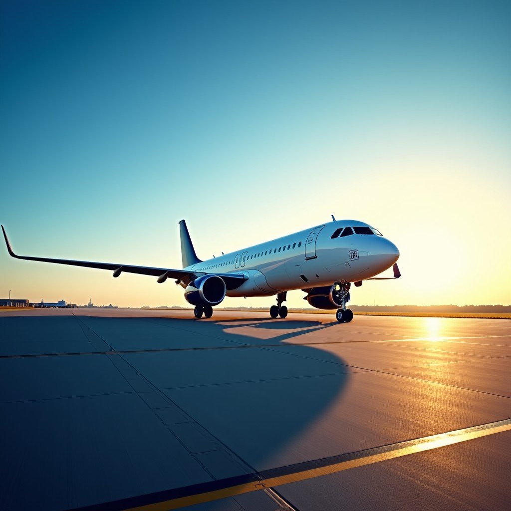 A modern Airbus commercial jet parked on a sunny airport tarmac, high quality photography, cinematic lighting, blue sky background, 4:3