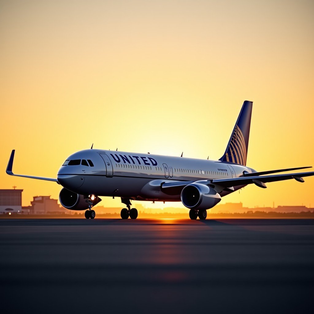 A United Airlines airplane taxiing on a runway at a large modern international airport during golden hour. The scene is professional and high-quality, capturing the sleek design of the aircraft. 4:3