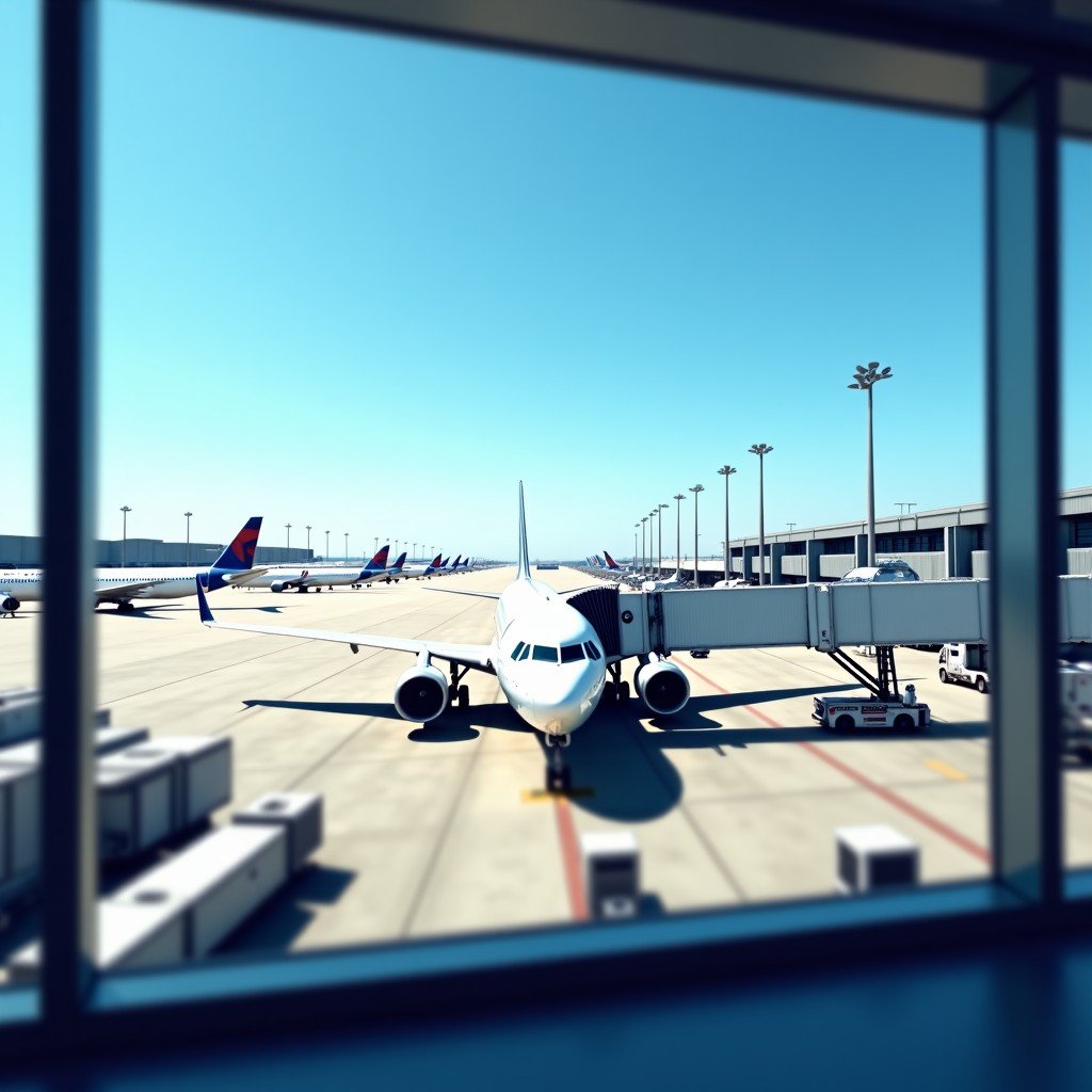 Commercial airplanes at a busy modern airport terminal, sunny day, clear blue sky, focus on the aircraft fleet and ground handling equipment, realistic photography, 4:3