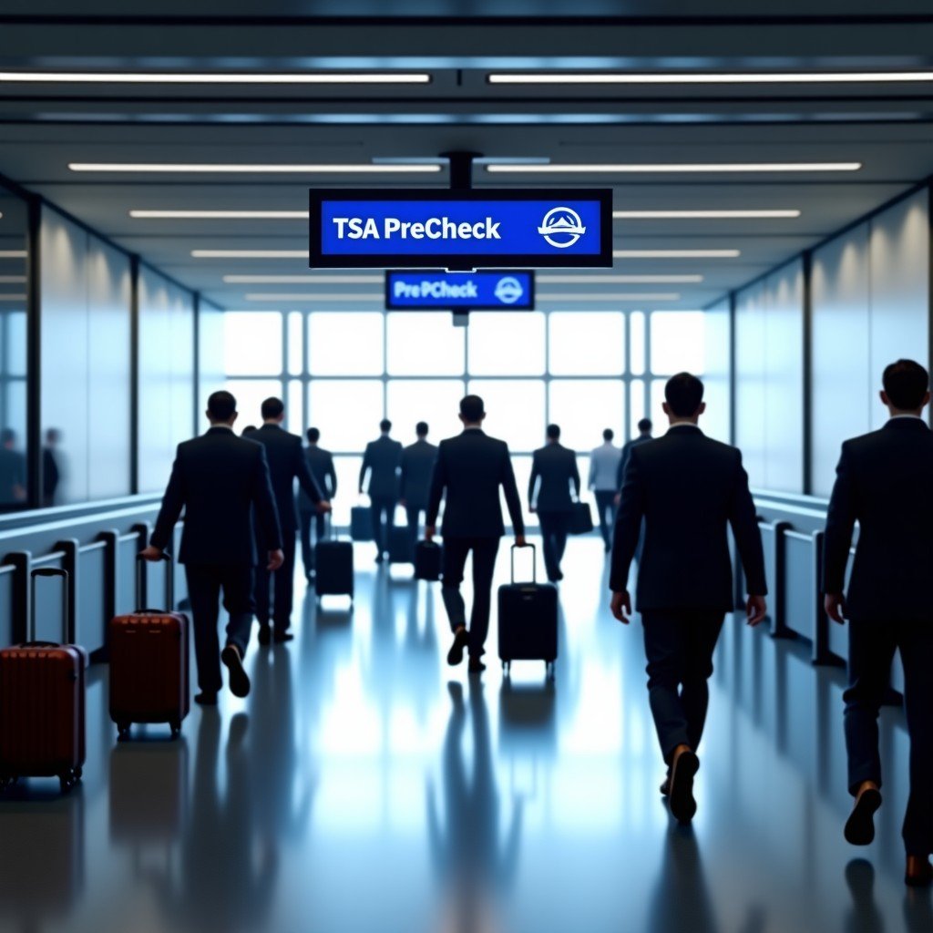 A wide shot of a modern airport security checkpoint with a clear TSA PreCheck sign and lane. People with luggage are moving through the lane efficiently. The lighting is bright and professional. No text on signs except for a generic logo representation. 4:3