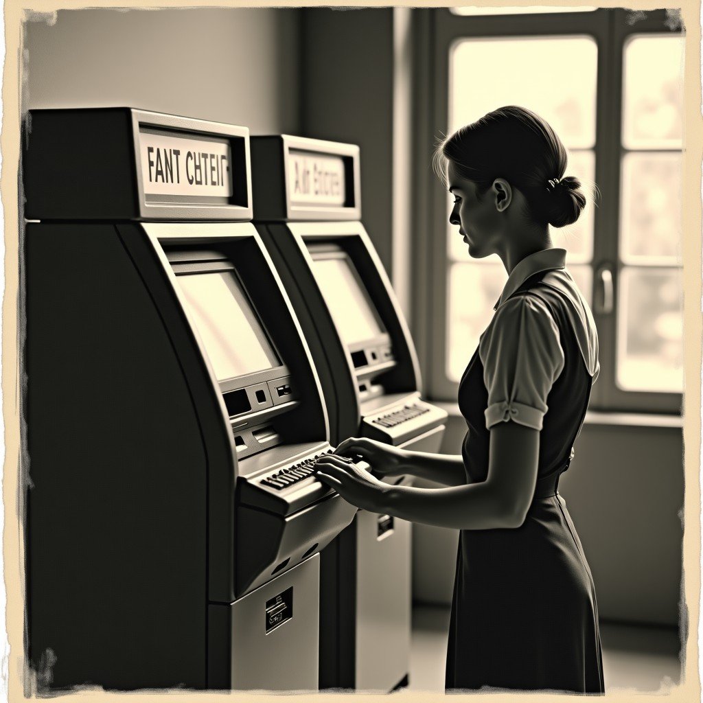 A historical montage of an early ATM machine and a bank teller helping a customer, vintage photography style, 4:3