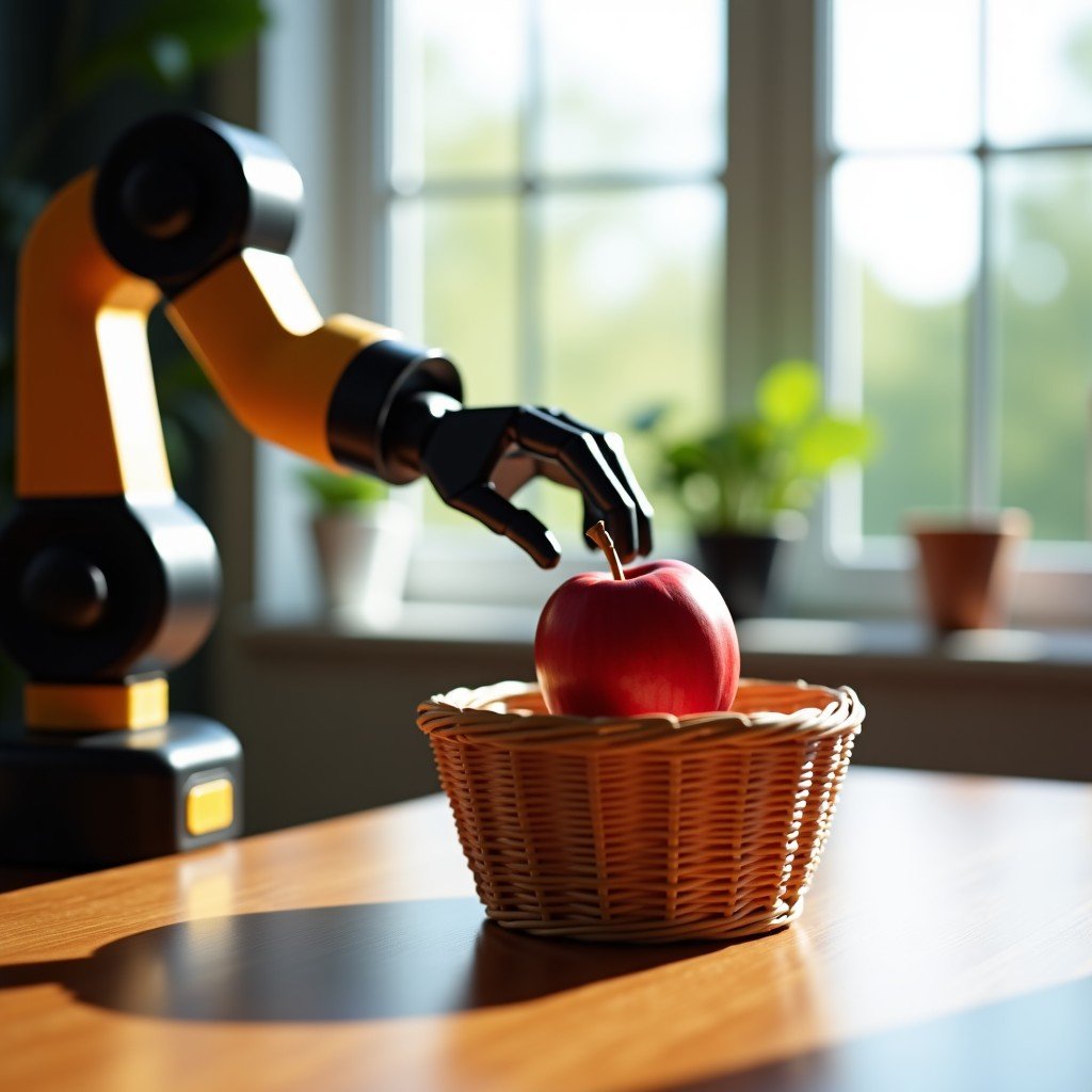 A realistic robotic arm carefully identifying and picking up a red apple from a table to put it into a wicker basket, soft natural lighting, high contrast photography, 4:3