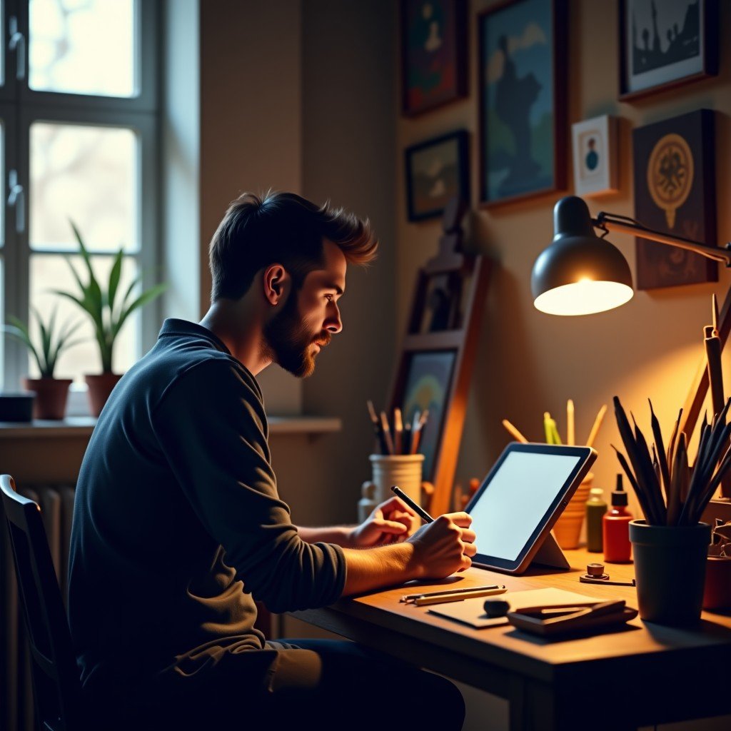 A male artist sitting in a classic studio surrounded by traditional art tools, looking thoughtfully at a tablet screen. Moody lighting, warm atmosphere, artistic composition. 4:3