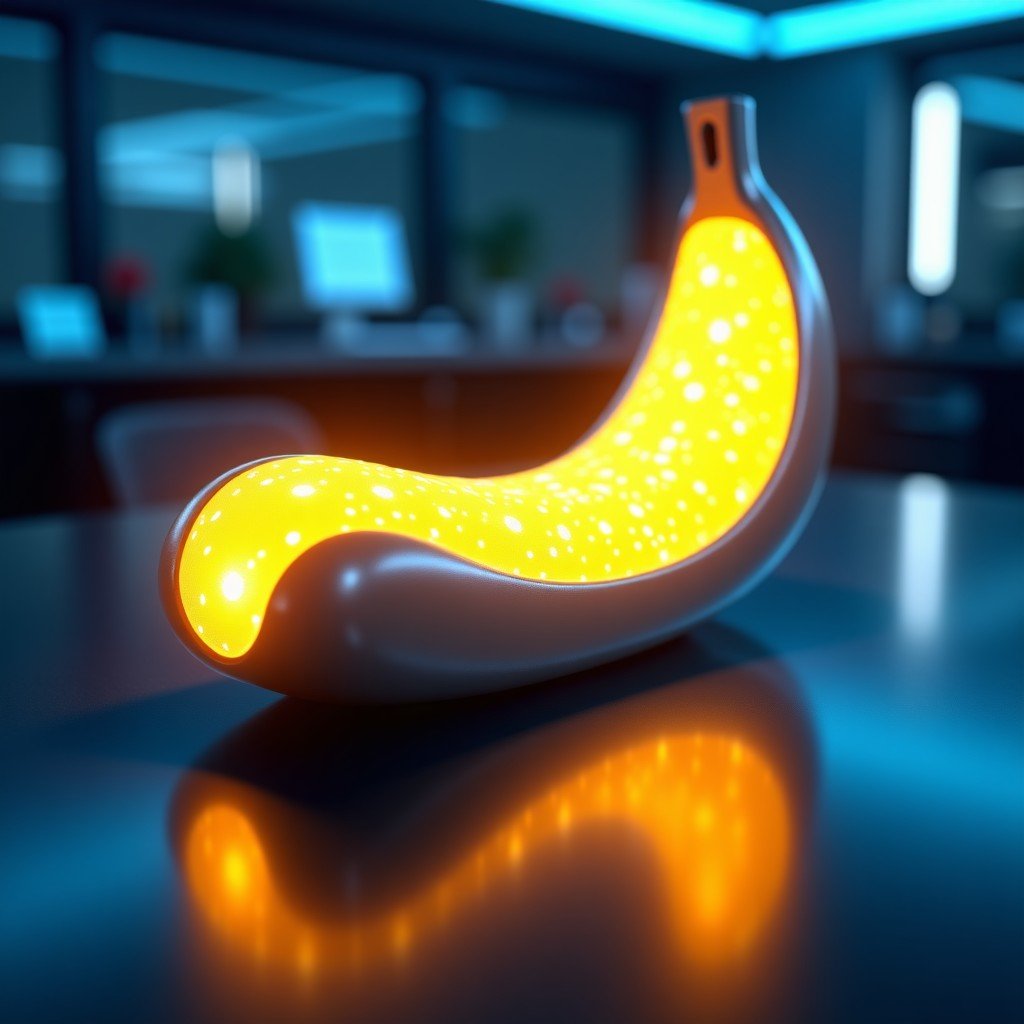 A futuristic digital art piece symbolizing Google Nano Banana 2, a sleek metallic banana-shaped device emitting glowing light and neural network patterns, vibrant yellow and blue lighting, high-tech laboratory background, 4:3