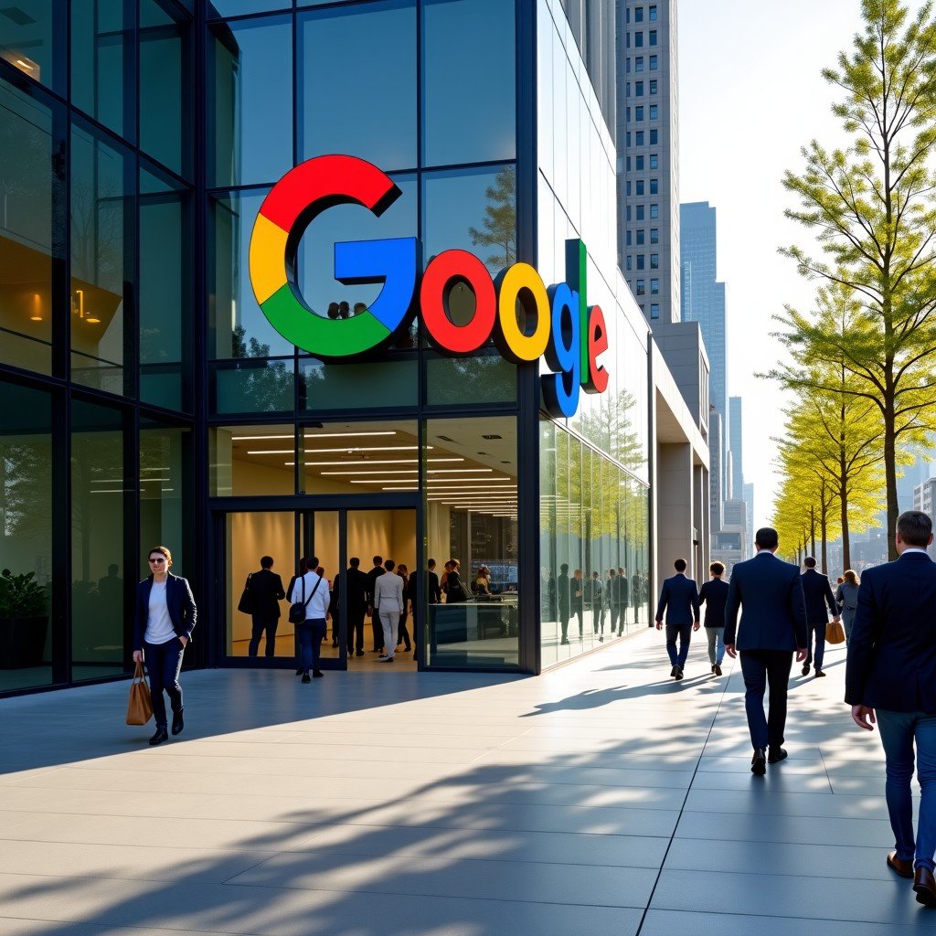 A professional wide shot of a modern Google office building entrance with the colorful Google logo visible on a glass wall, natural daylight, people walking in business casual attire in the background, 4:3