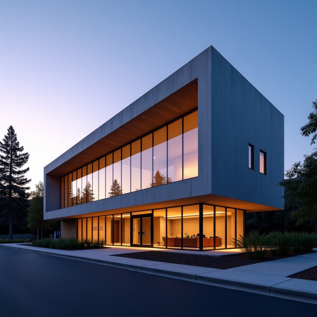 A sleek modern architectural glass building of a tech company headquarters in Mountain View during sunset, clean lines, professional atmosphere, cinematic lighting, 4:3