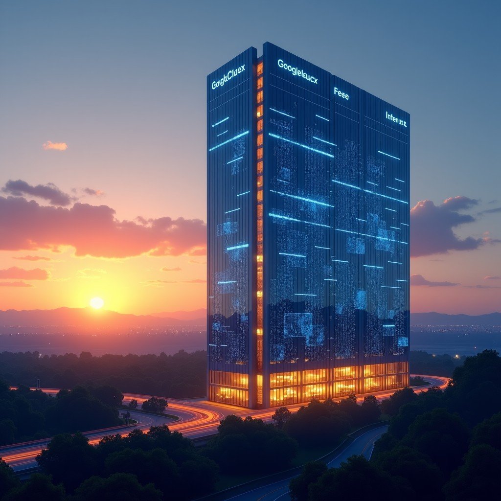 A modern architectural view of the Googleplex headquarters at sunset with glowing blue and gold neural network patterns overlaid in the sky, representing advanced AI integration, cinematic lighting, 4:3
