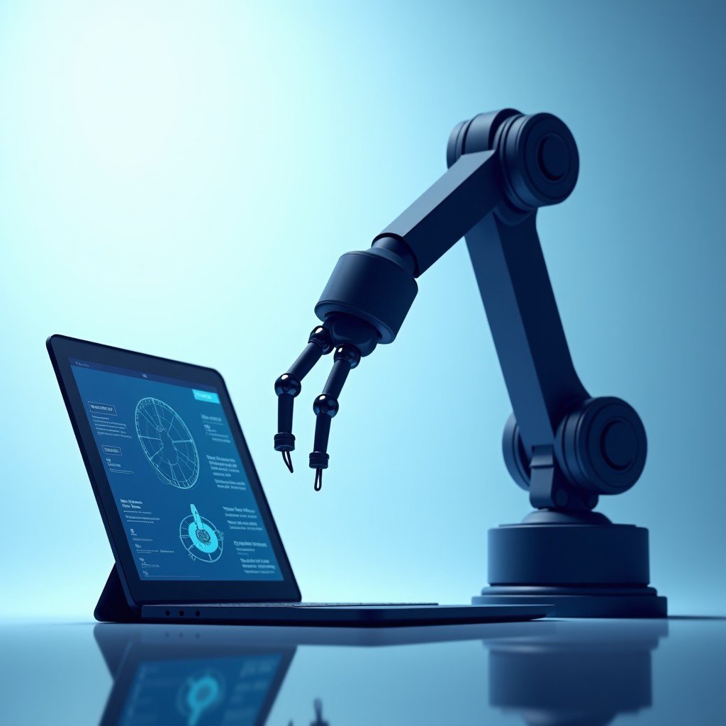 A high-tech digital illustration showing a futuristic robotic arm being programmed through a sleek tablet interface. The background has a soft blue gradient with subtle circuit patterns. Professional and clean aesthetic. 4:3