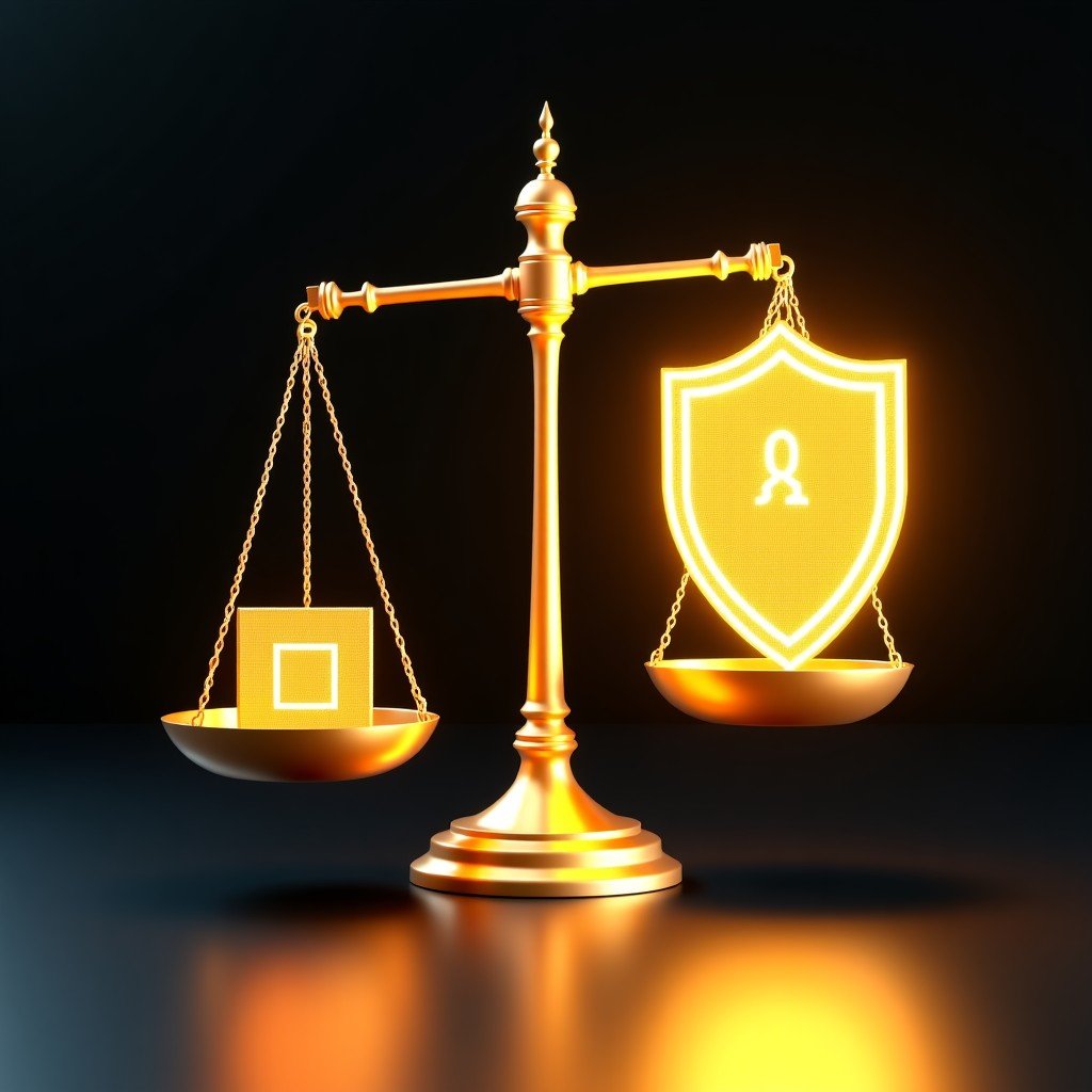 A metaphorical image of a golden scale balancing a military shield and a glowing AI circuit board, dark background with dramatic spotlighting, high quality 3D render, 4:3