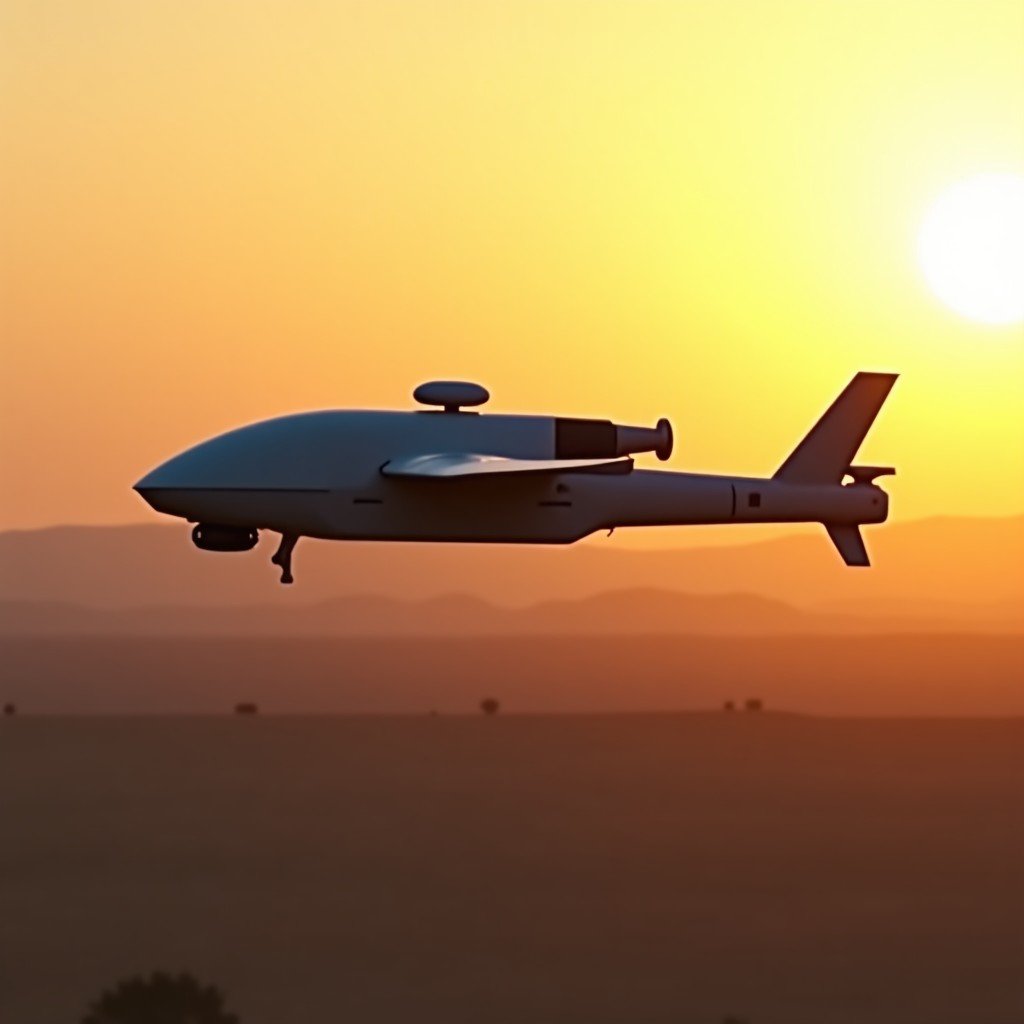 A high-tech government surveillance drone flying over a desert landscape during sunset. The drone has visible sensors and cameras and the lighting is warm and golden. Realistic professional photography. 1:1