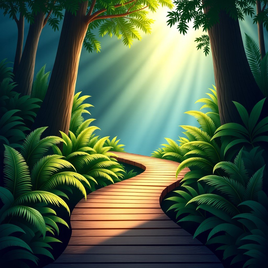 A wooden boardwalk trail winding through a dense and lush rainforest with towering ferns, sunlight rays piercing through the leaves, 4:3