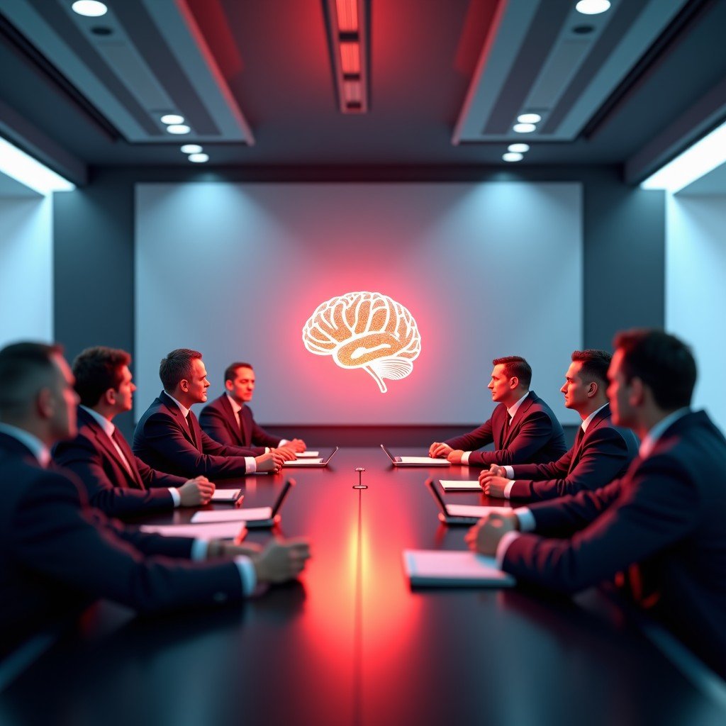 High-tech meeting room with military officials and tech executives facing each other, a glowing AI holographic brain in the center of the table showing red warning signs, realistic cinematic lighting, 4:3