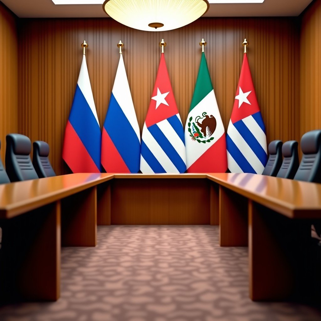 A professional diplomatic meeting room setting with flags of Russia Mexico and Cuba focused composition realistic 4:3
