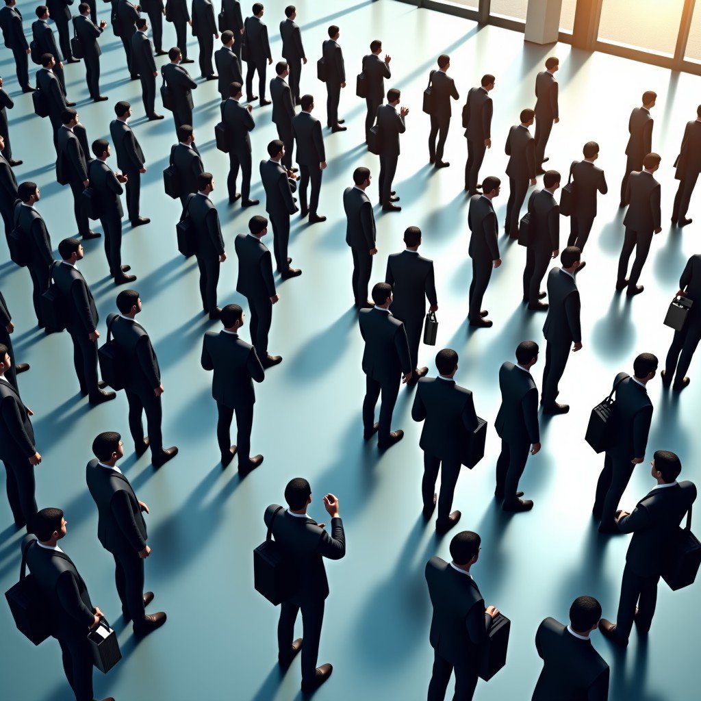 A high angle shot of many international travelers standing in a long queue at a customs area in a modern airport. Natural lighting, 4:3