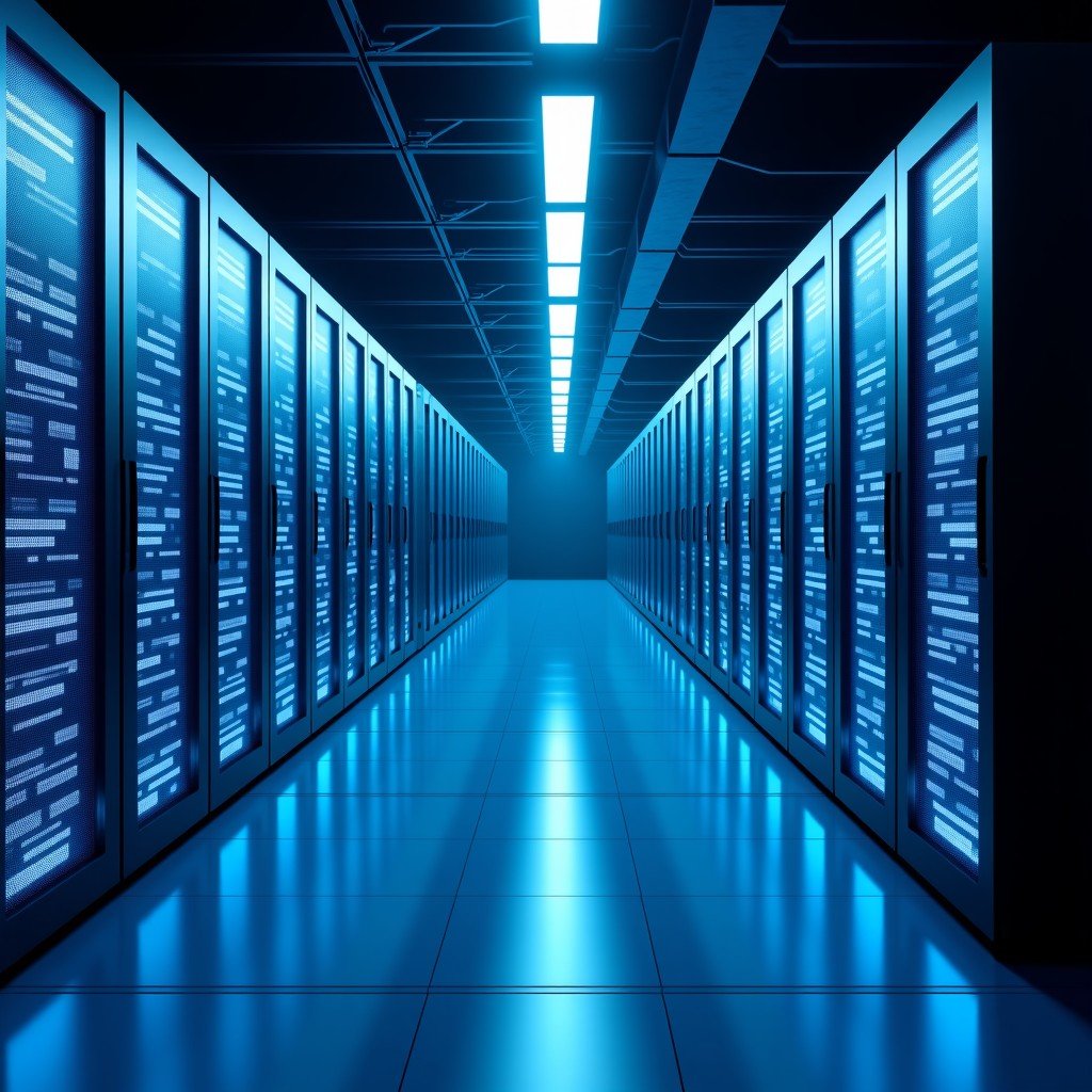 A high-tech classified server room with glowing blue fiber optics and military server racks and cybersecurity digital interface, futuristic atmosphere, realistic lighting, no text, 4:3