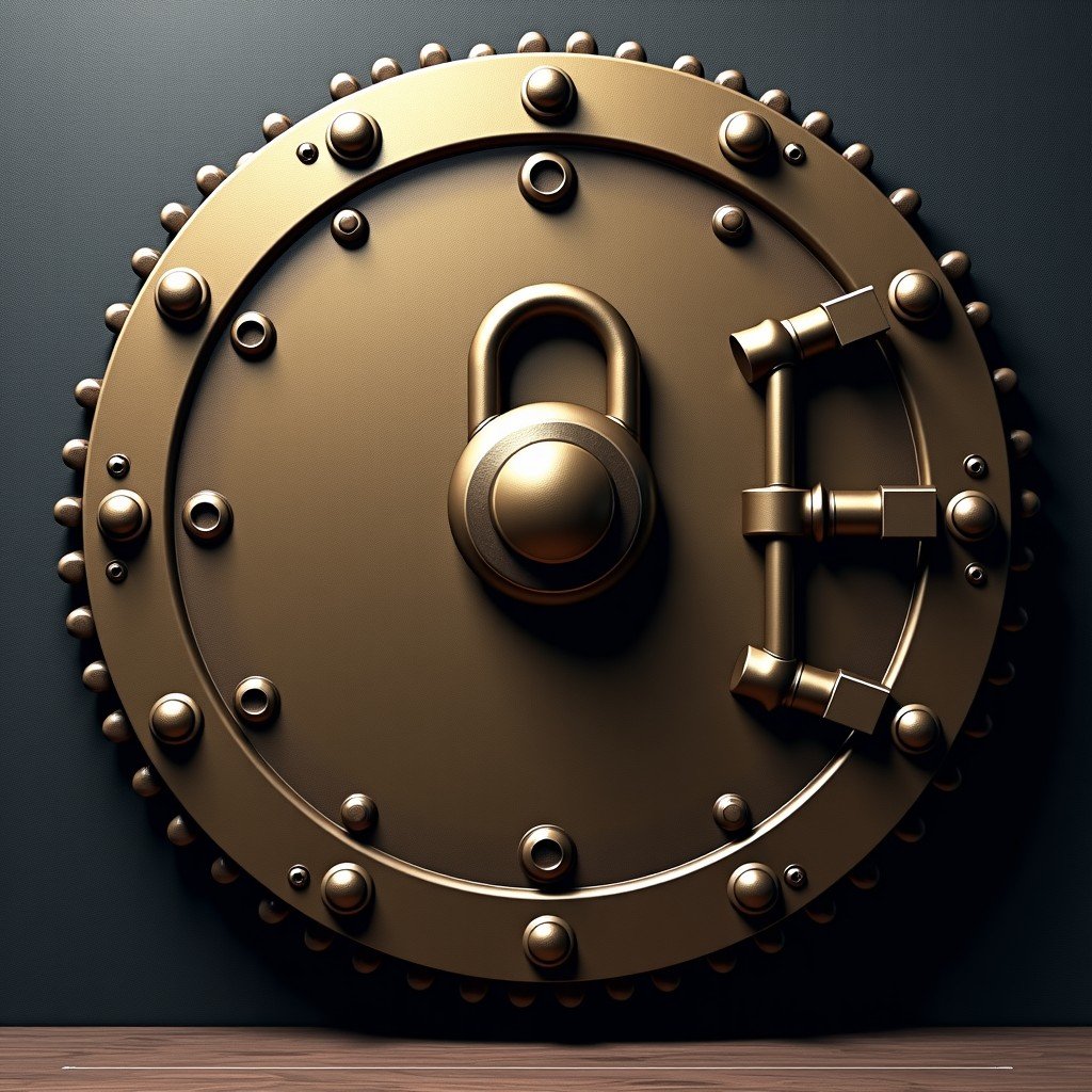 A heavy metal bank vault door with a large traditional padlock, symbolic of secrecy and blocked information, high quality textures, 4:3