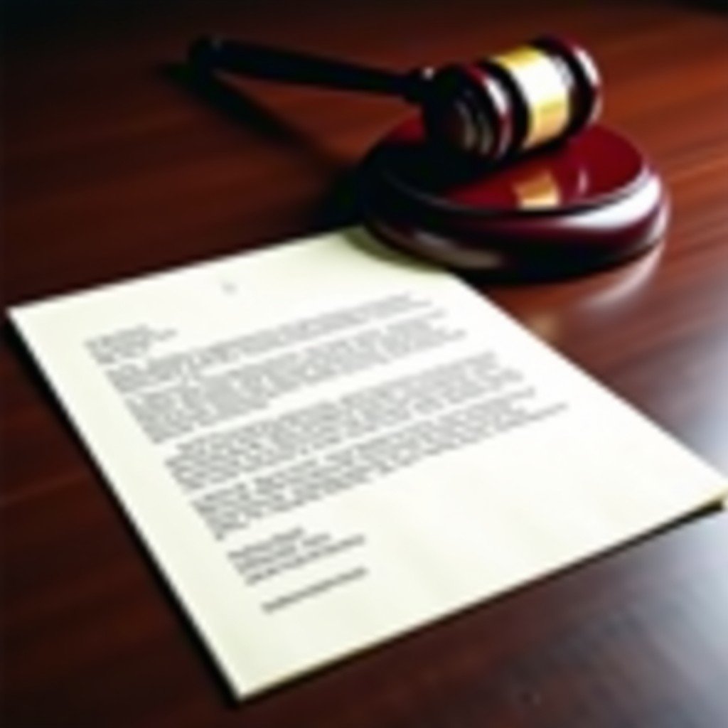 A formal official letter on a dark wooden desk with a judge's gavel in the background, representing government regulatory scrutiny and legal pressure, 1:1