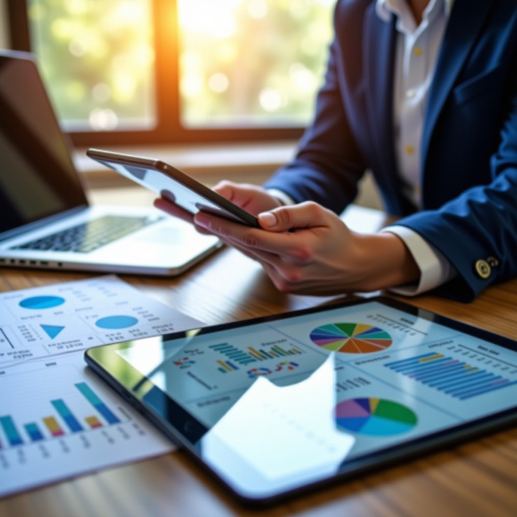 A professional investor analyzing financial charts and a balanced portfolio on a tablet. Natural lighting, wooden desk, calm and focused atmosphere, aesthetic business setting. 4:3