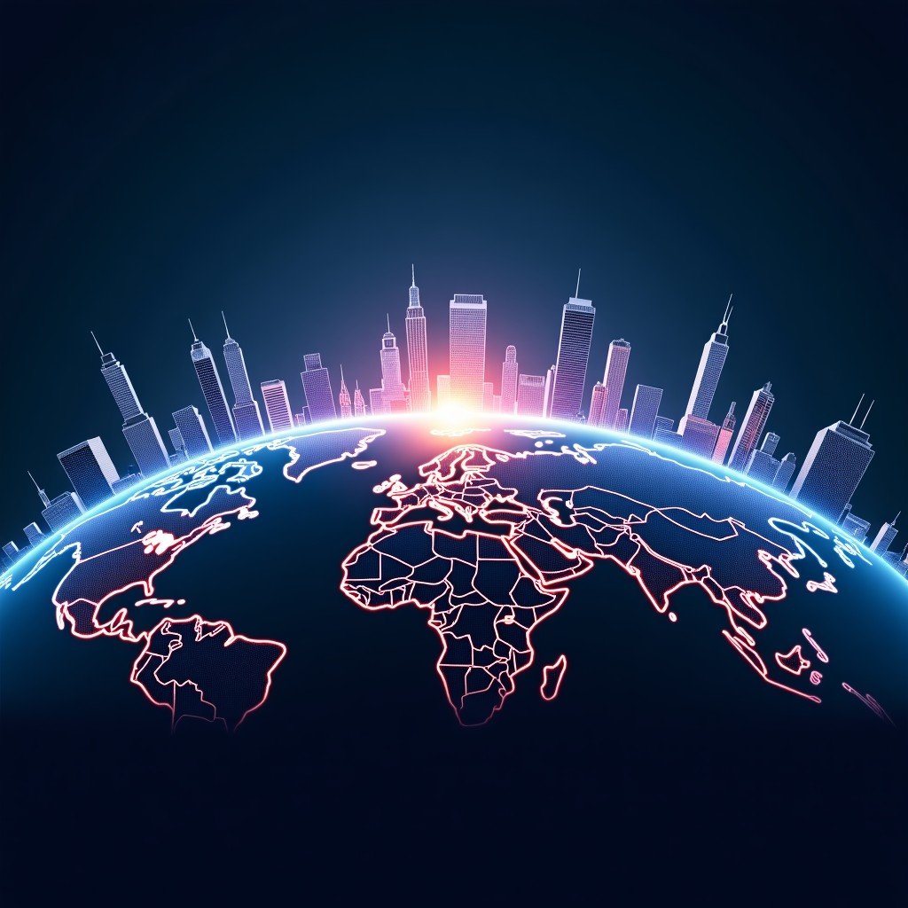 A symbolic representation of global technology competition. Glowing lines connecting major cities on a digital earth, with abstract AI icons clashing and merging. Epic scale, dark background with bright accents, 4:3.