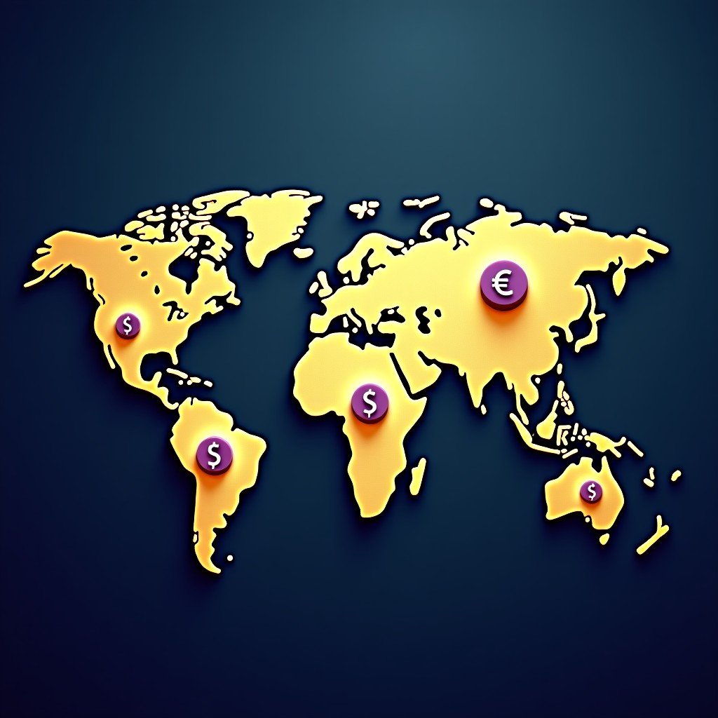 A creative conceptual illustration of a stylized world map with glowing lines connecting different financial hubs. Floating symbols of various currencies like the Dollar, Euro, and Yen are visible. Professional infographic style with a deep navy and gold color palette. 4:3