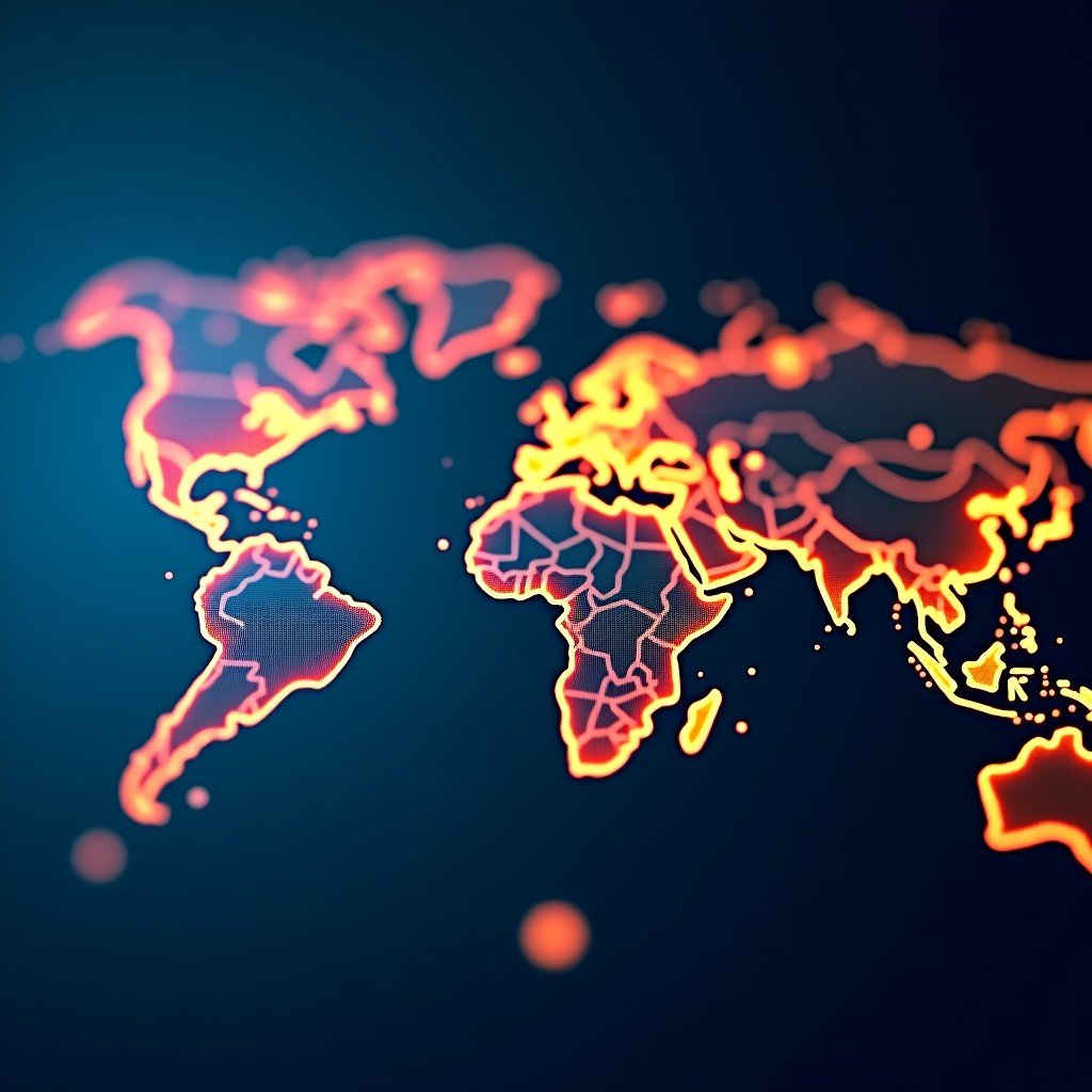 A high-tech digital world map with glowing nodes representing global stock markets, a sophisticated AI neural network overlaying the map, professional financial atmosphere, dark blue and gold color palette, cinematic lighting, 4:3