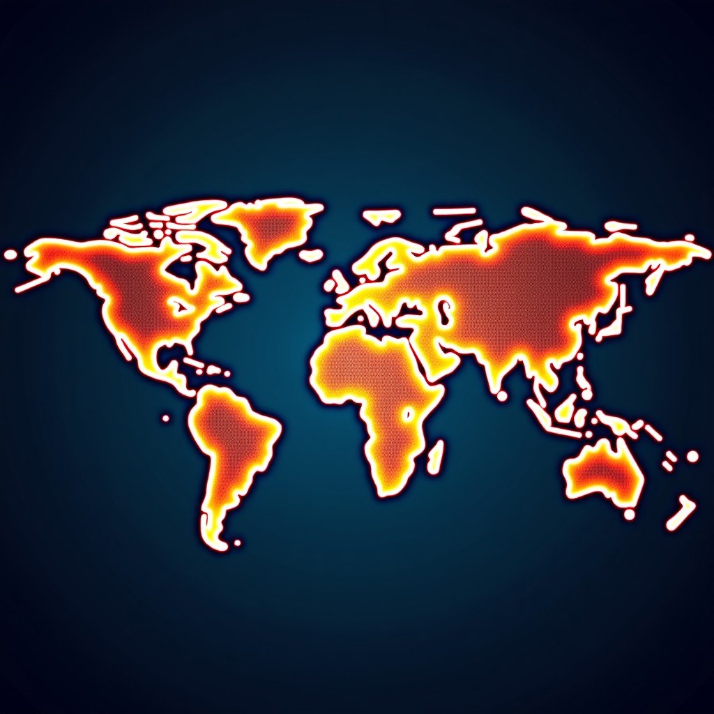 A stylized world map made of glowing light connections on a dark digital background, symbolizing global trade and finance, 1:1 aspect ratio, no text.