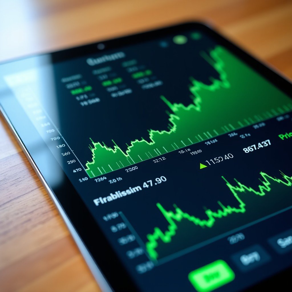 Close up of a digital tablet screen displaying complex stock market charts and financial data, bull market green indicators, professional wooden desk background, high quality, realistic, 4:3
