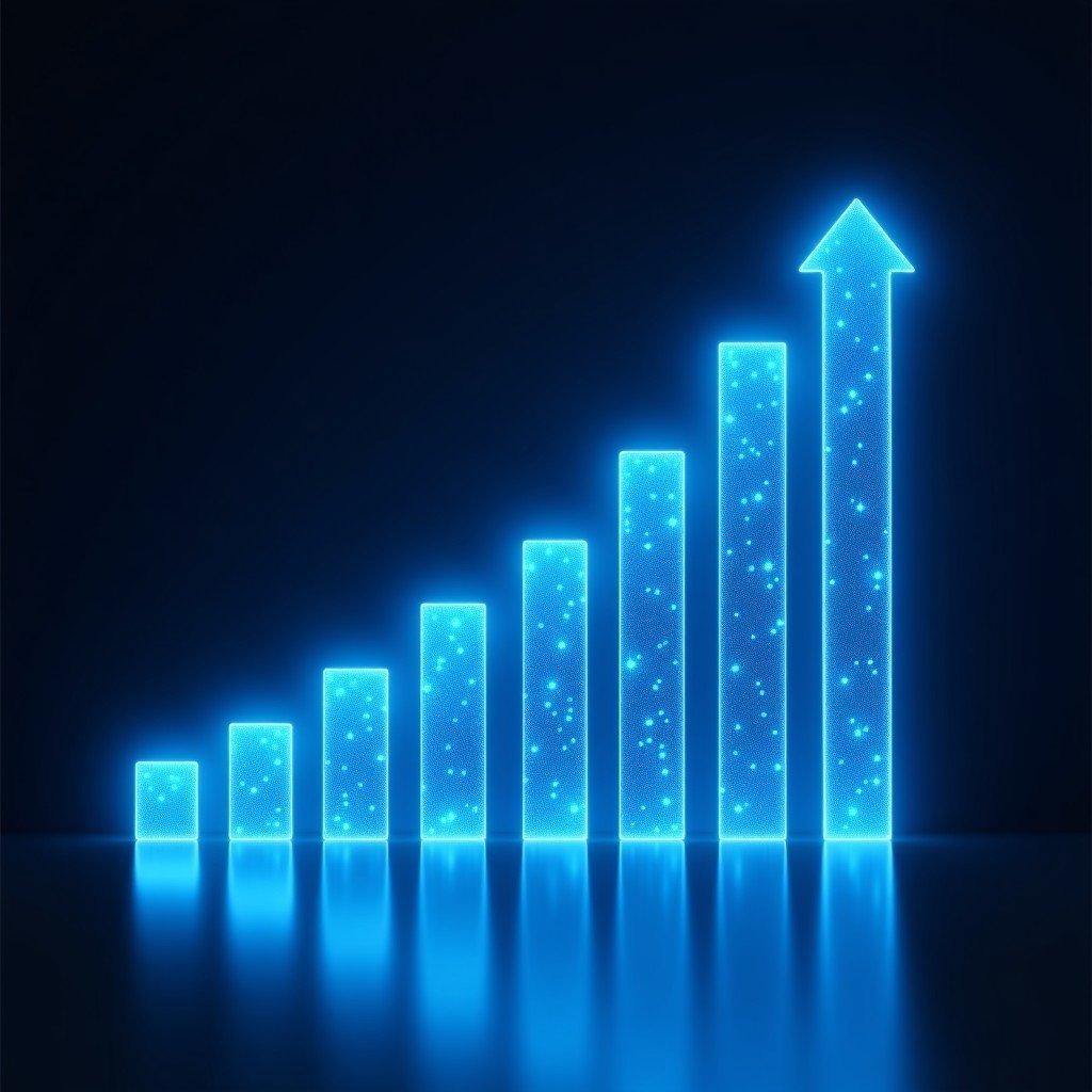 A professional digital display showing a rising growth chart with futuristic interface elements. Glowing blue lines and abstract data points. High contrast and modern design. No text. 4:3