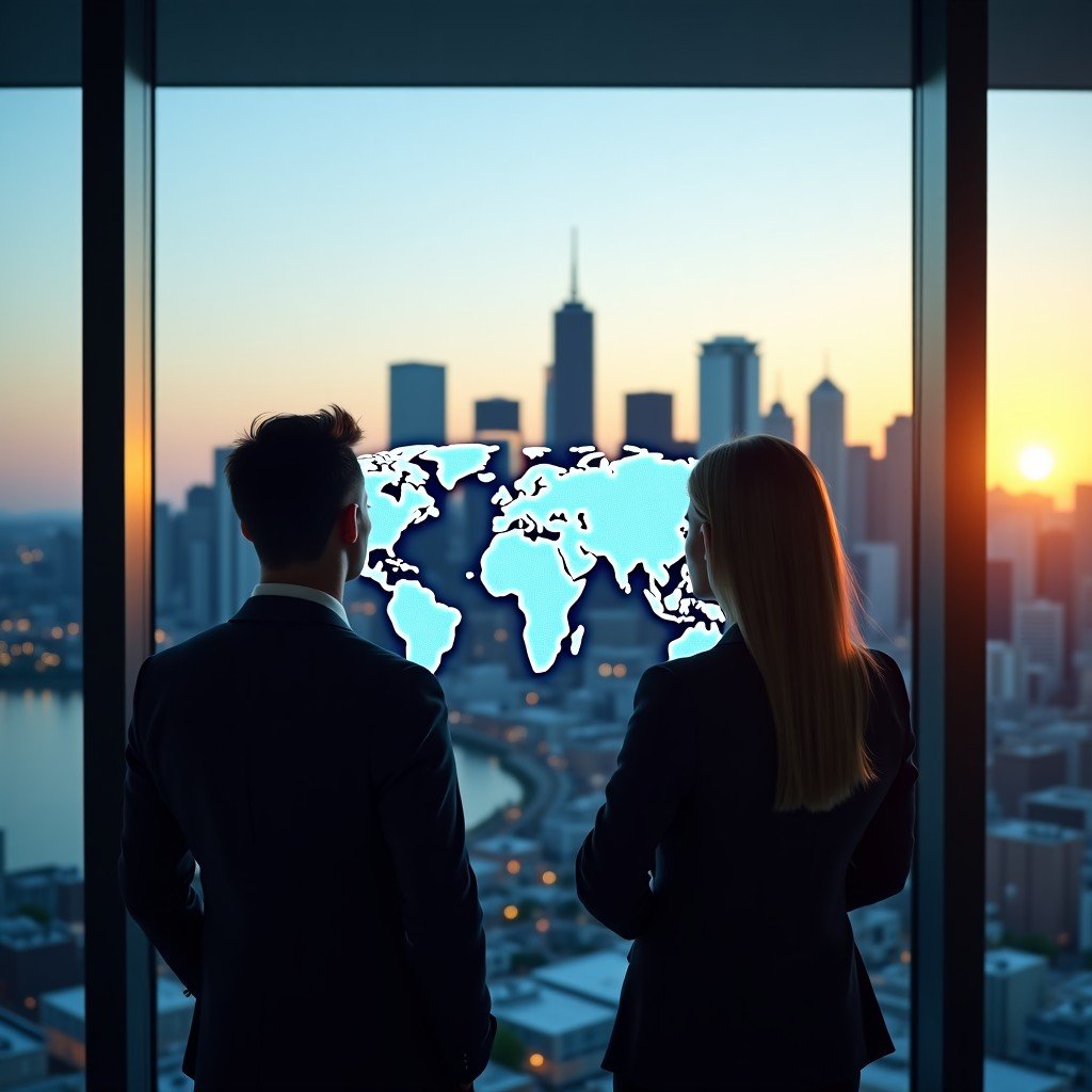 Two professional business leaders in a modern glass-walled conference room overlooking a digitalized skyline of Seattle. They are looking at a holographic projection of global network connections. Warm natural lighting, 4:3.