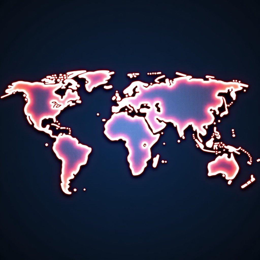 A high-tech world map with interconnected glowing nodes and light paths showing global connectivity, dark background with vibrant light effects, 4:3