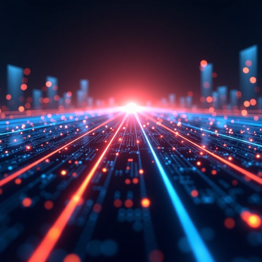 An abstract representation of a global communication hub, glowing fiber optic lines and laser beams intersecting, high contrast, cinematic atmosphere, 4:3