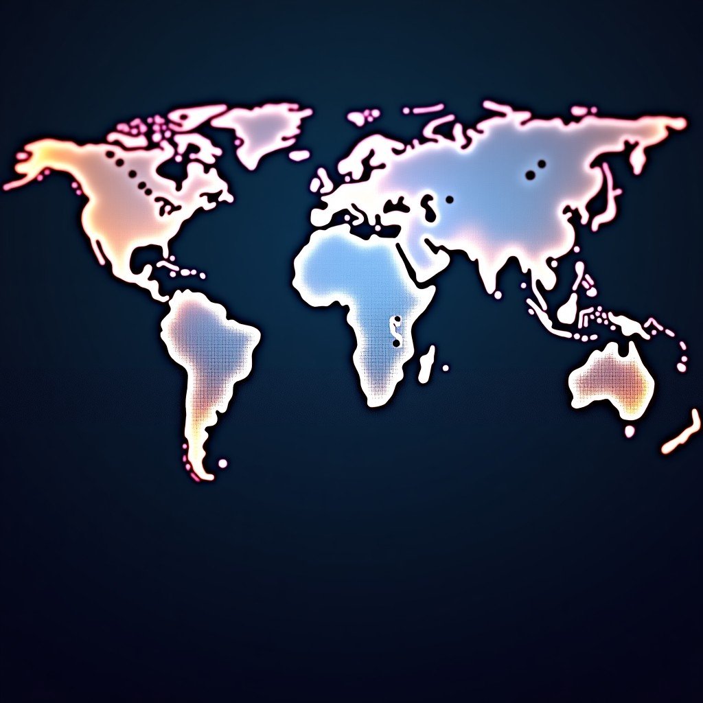 Abstract representation of a global digital network connection with glowing lines and nodes on a dark background, representing connectivity and data flow. 4:3