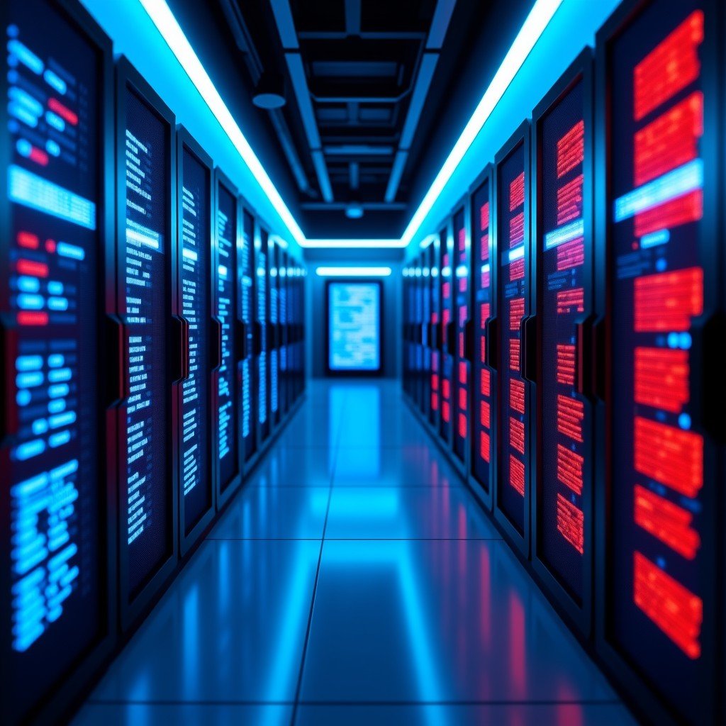 A futuristic data center with glowing blue and red lights representing competition between global powers, high tech, fiber optic cables, 4:3