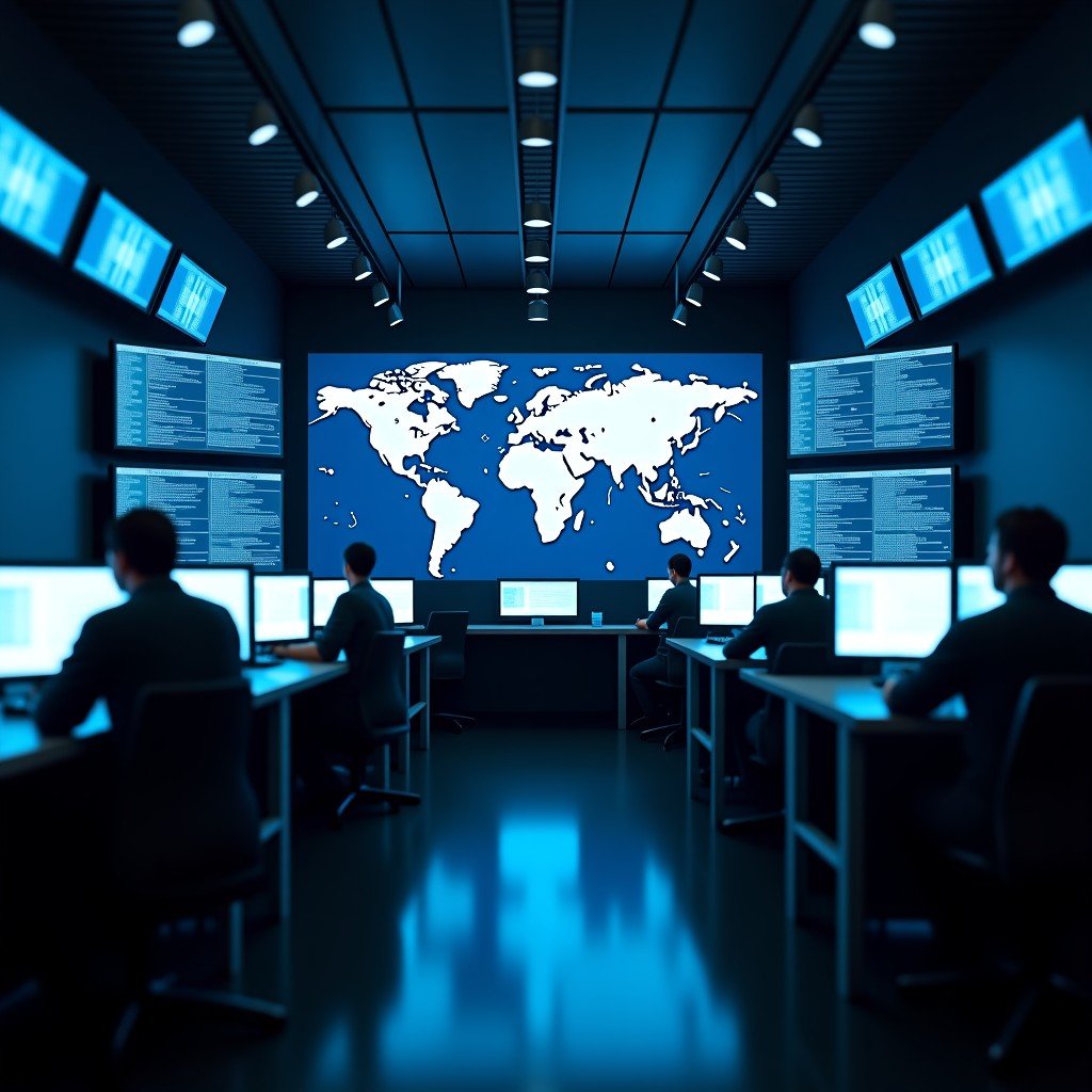 A sophisticated command center with a world map displayed on high-tech monitors, symbols of global connectivity and data security, subtle blue lighting, cinematic composition, 4:3