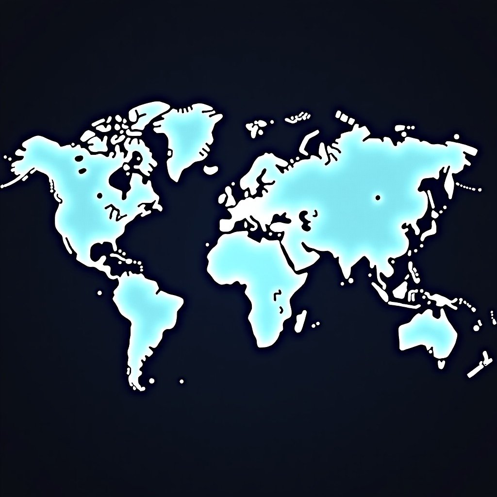A futuristic digital map of the world showing neon data connections between continents, blue and white light, high contrast, 1:1, no text