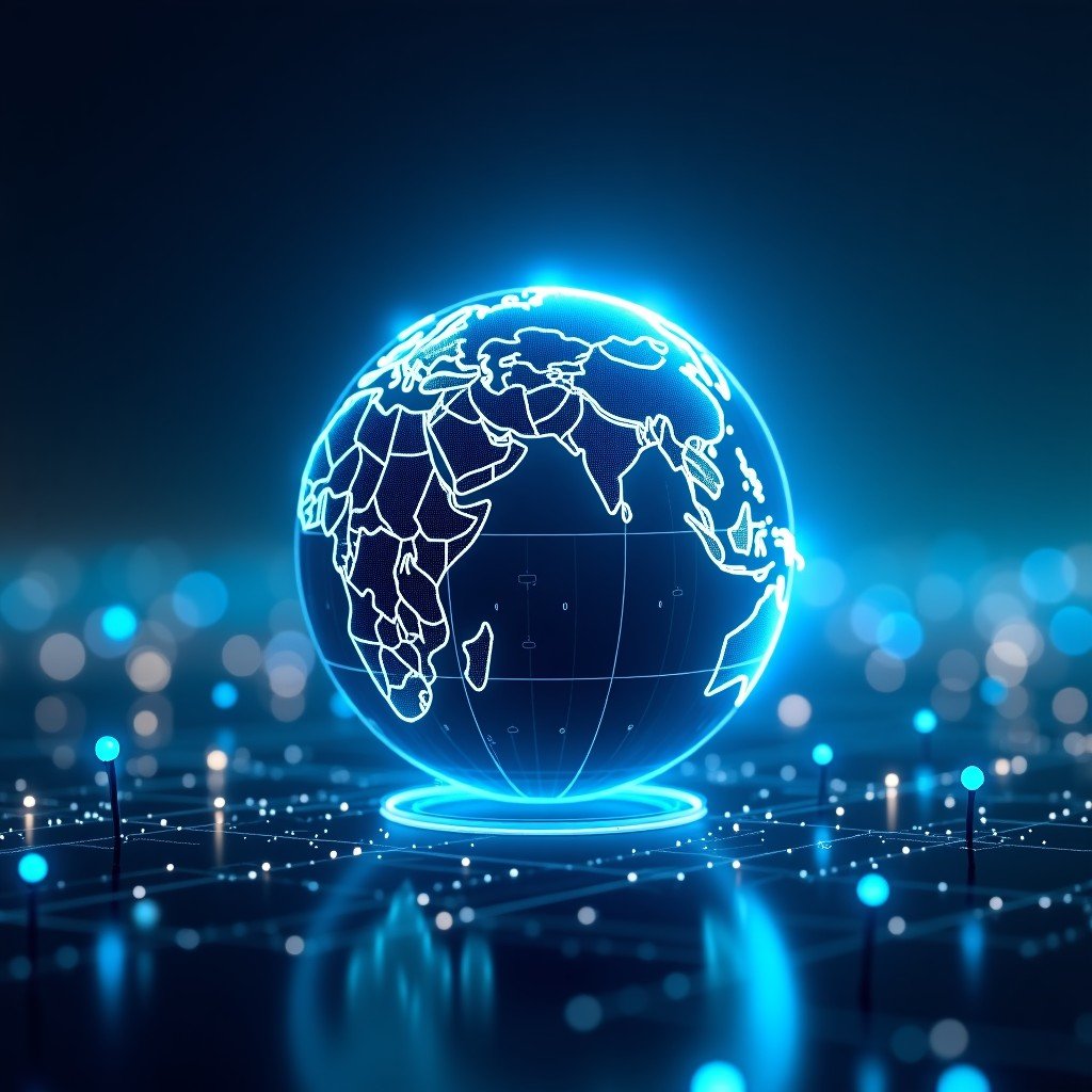 A futuristic digital globe with glowing connection lines representing international money transfers, sleek financial app interface elements floating in the foreground, professional blue and silver color palette, cinematic lighting, 4:3