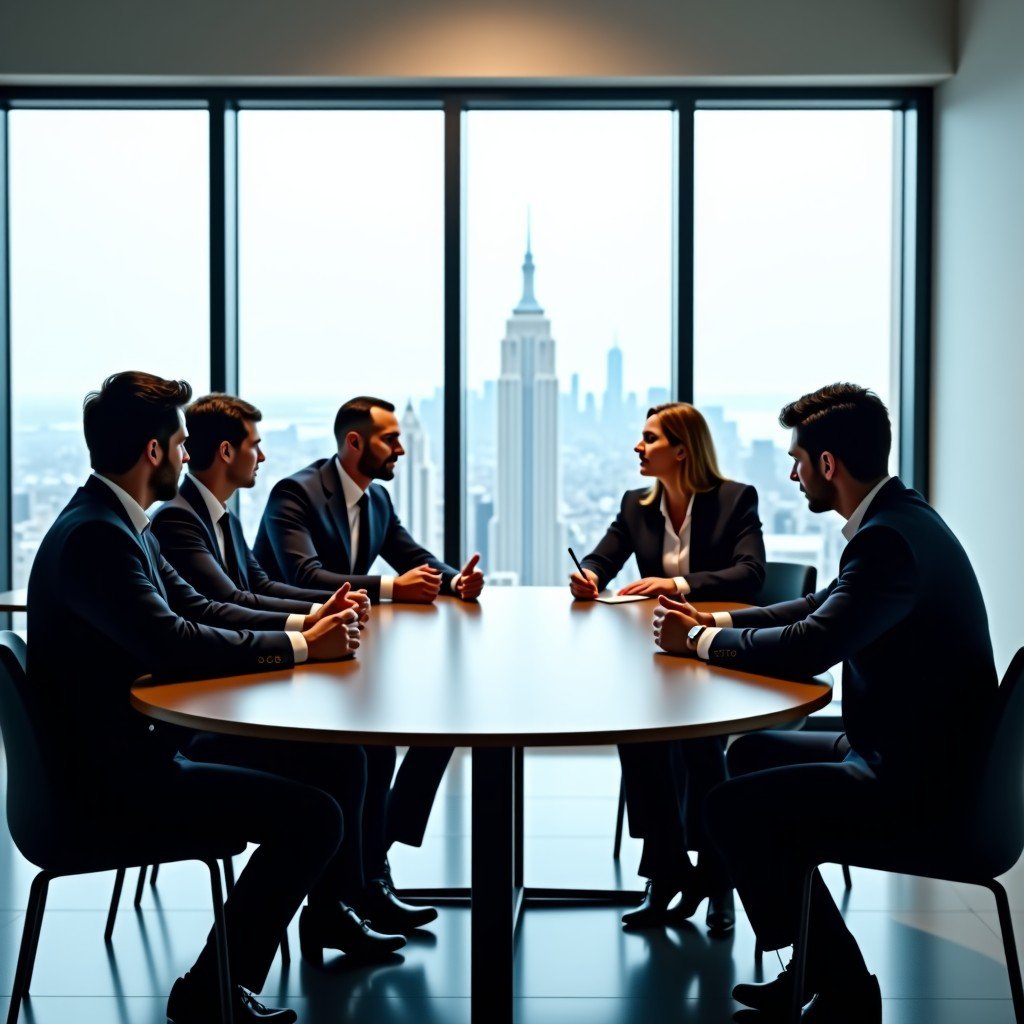 A diverse group of international business leaders sitting at a round table for a high-level discussion, modern glass office setting, natural lighting, professional and calm atmosphere, 4:3